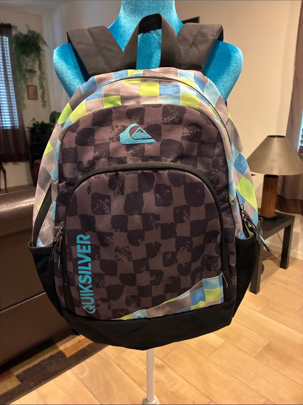 Quiksilver Checker Print Backpack in Black, Blue & Lime NEVER USED!